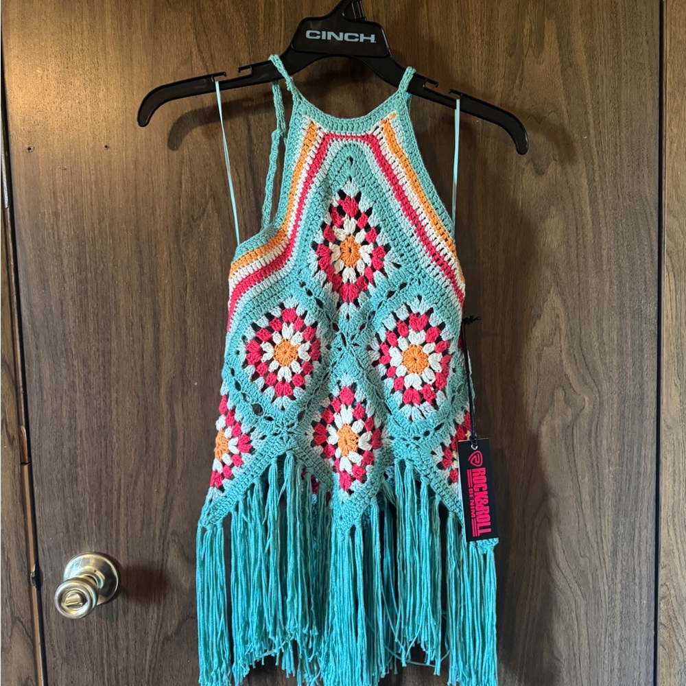 Rock N Roll Denim Crochet Fringe shirt